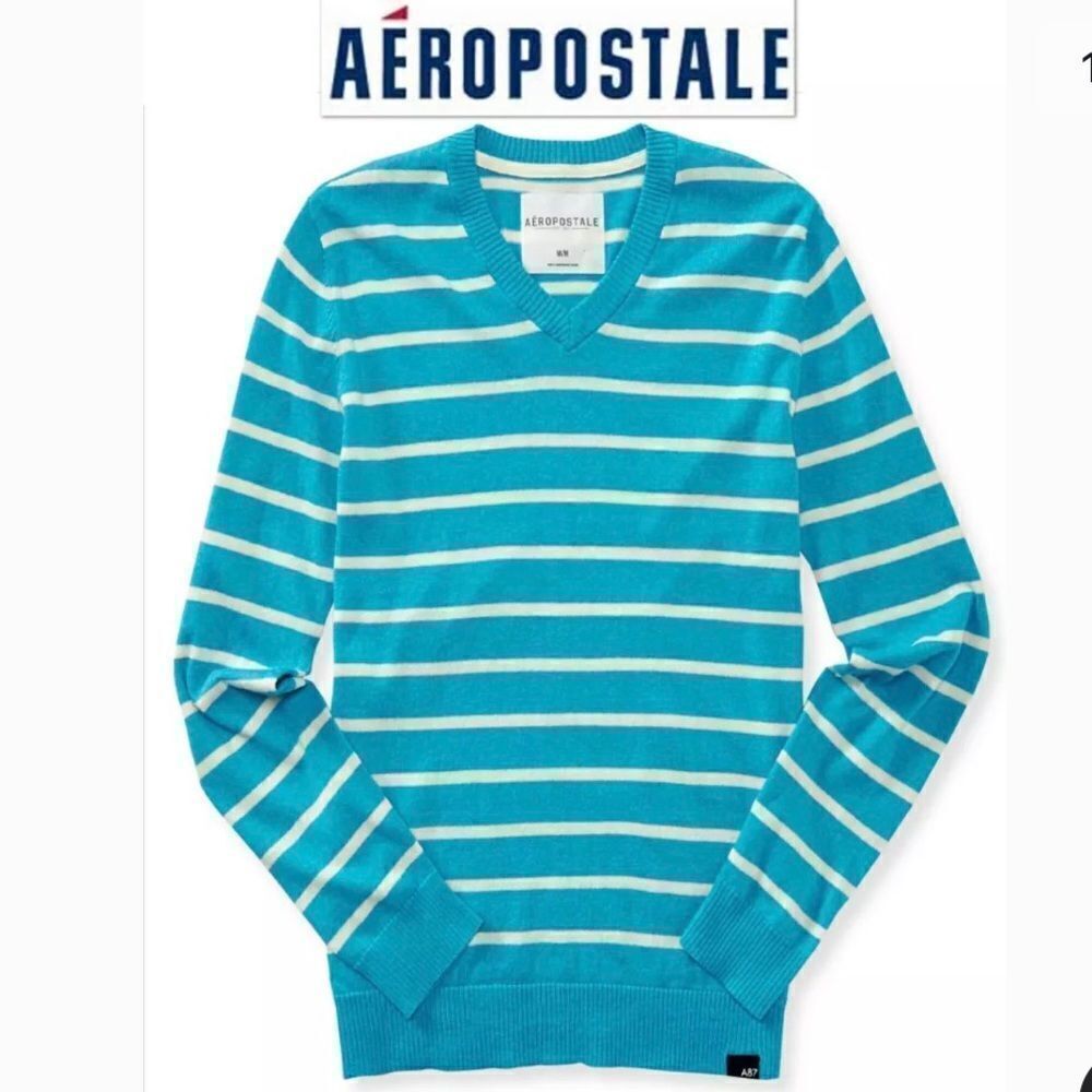 NWT VINTAGE Y2K Sz XL AEROPOSTALE BLUE WHITE STRIPED V NECK SWEATER 100% COTTON